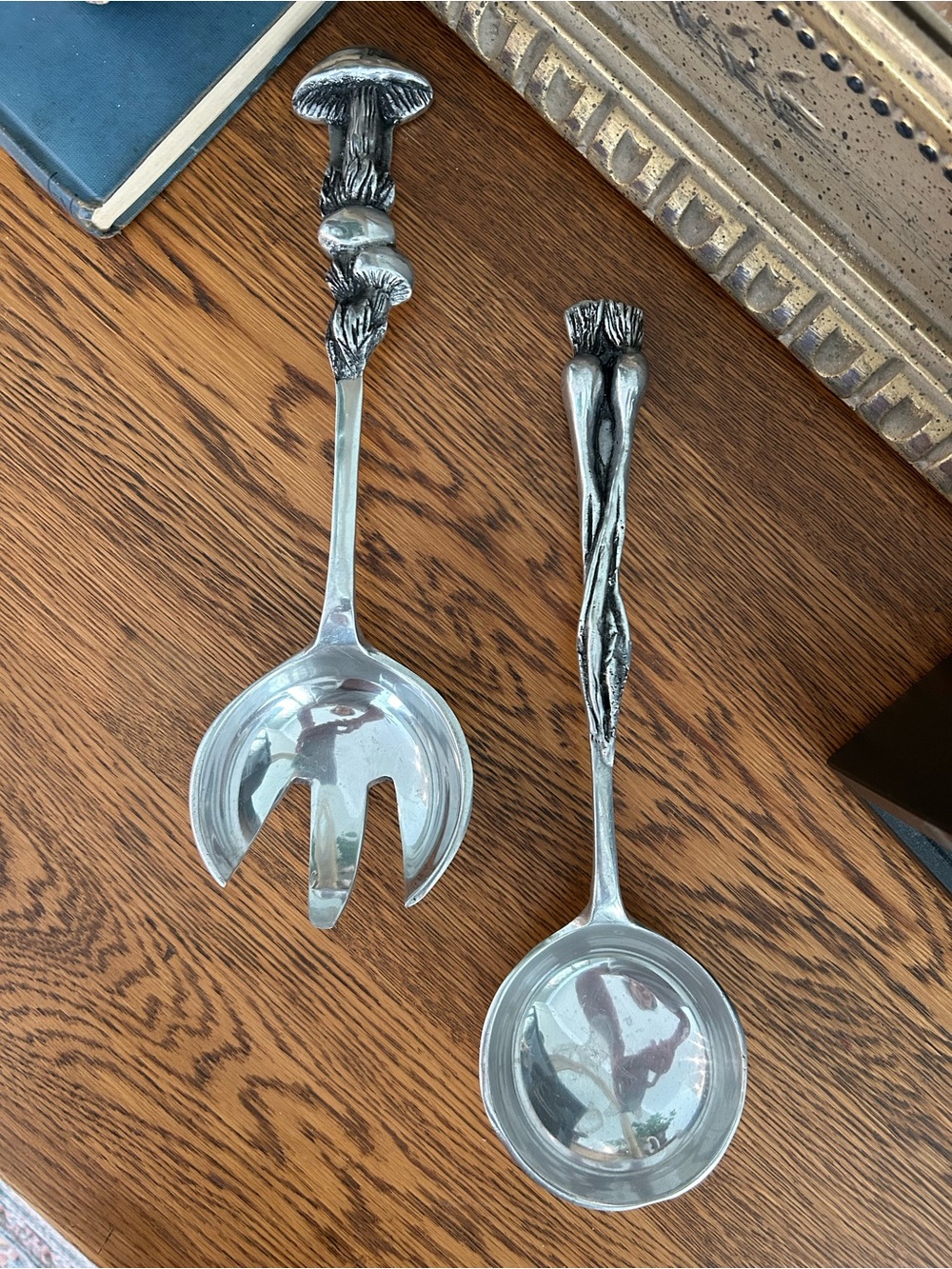 Source Unknown Silver Mushroom-Top Salad Serving Spoon and Fork Set